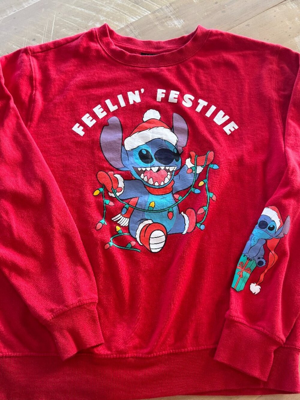 Disney Lilo & Stitch Christmas Sweatshirt Red Feelin Festive Santa Hat Graphic C